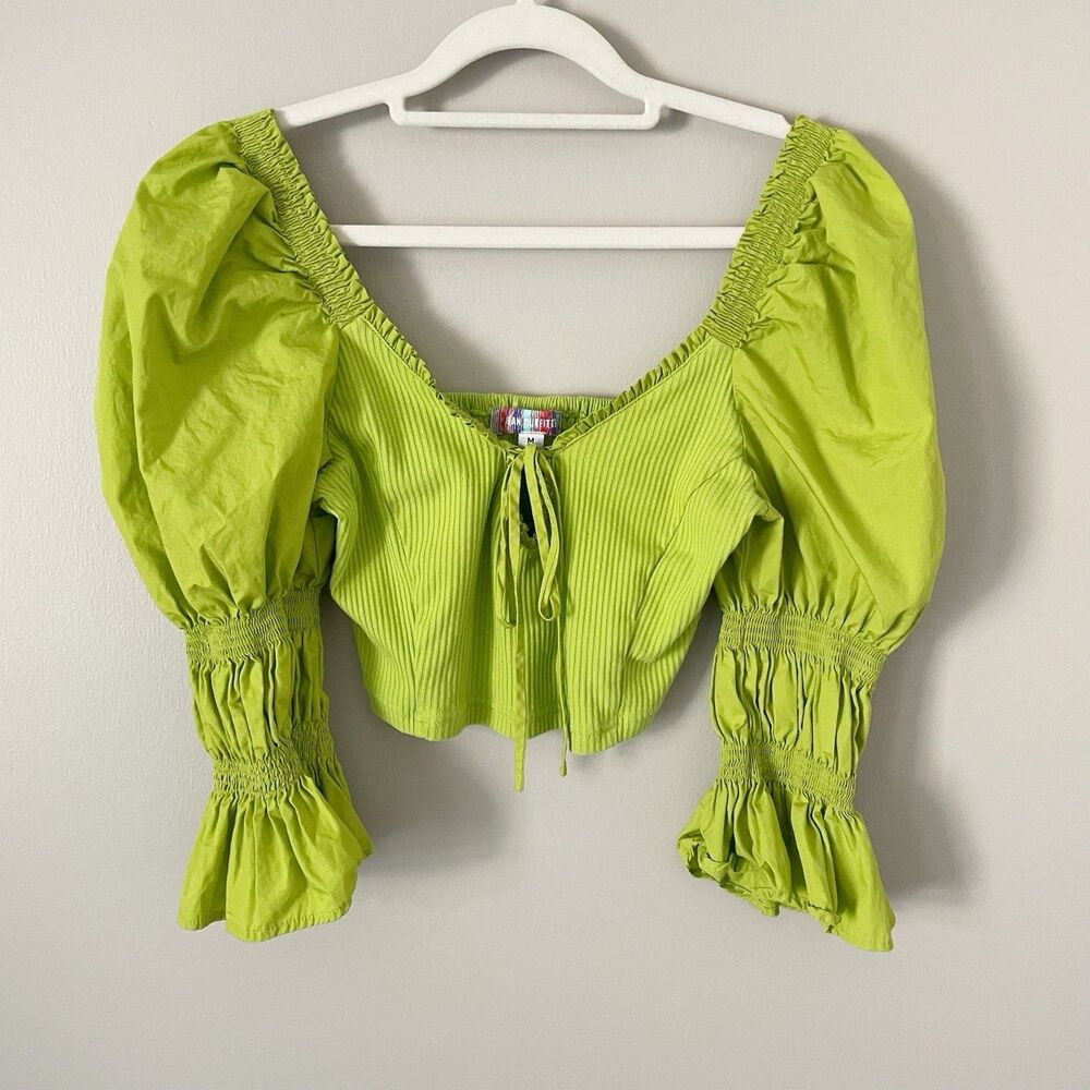 Urban Outfitters Size M Green Big Peasant Puff Sleeve Ribbed Cropped Top